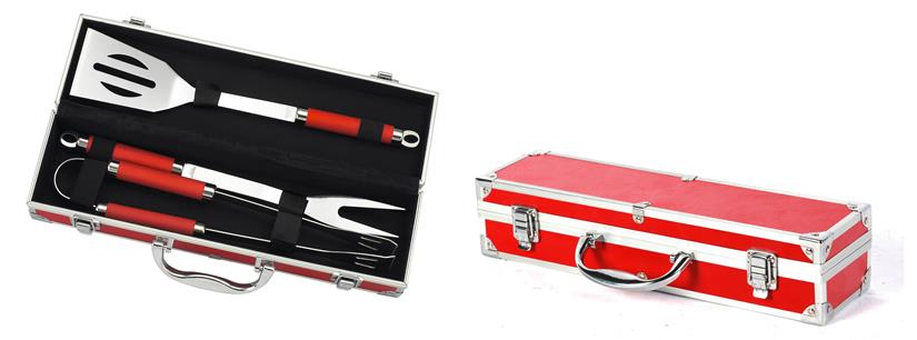 Koffertje met 3 bbq hulpmiddelen rood (Tang, spatel en vork)